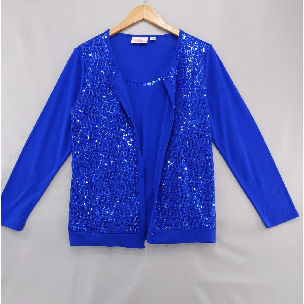 Quacker Factory Cardigan Women S Blue Sequin Faux Tank Twinset 2-in-1 Top